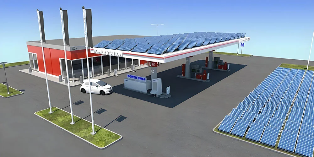 Futuristic concept of AI‑enabled battery swap network with solar panels